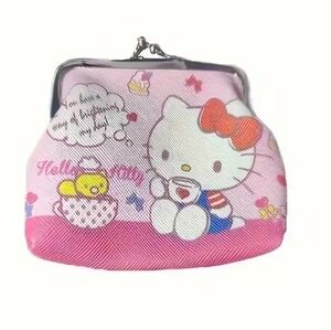 Hello Kitty Logo Cartoon Mini Coin Purse, Kiss-Lock Clasp Closure, PU Leather